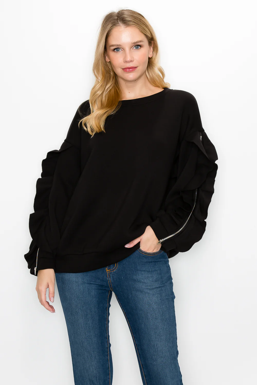 Ferra Stretch French Scuba Top with Ruffled Zipper Sleeves - Image 3